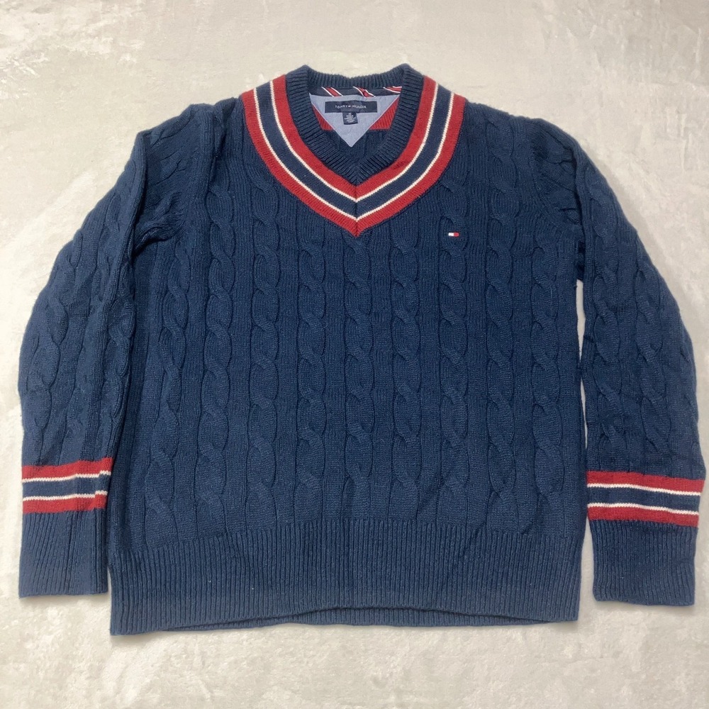 Tommy Hilfiger Cable Knit Varsity Tennis Sweater Old Money Mens Medium